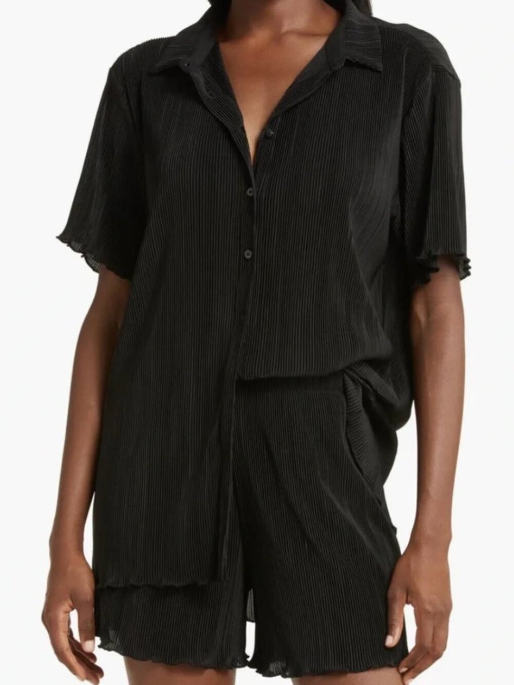 OPEN EDIT NORDSTROM Black Plisse Pleat Two Piece Shorts Pajama Set Medium - Picture 9 of 9